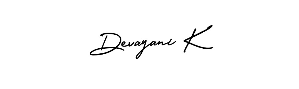 You should practise on your own different ways (AmerikaSignatureDemo-Regular) to write your name (Devayani K) in signature. don't let someone else do it for you. Devayani K signature style 3 images and pictures png