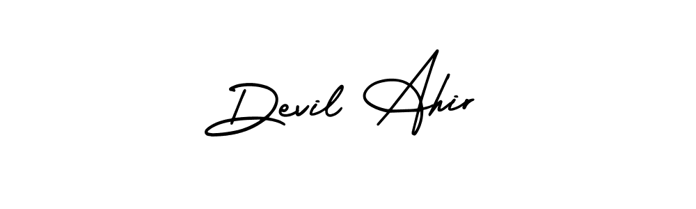 You should practise on your own different ways (AmerikaSignatureDemo-Regular) to write your name (Devil Ahir) in signature. don't let someone else do it for you. Devil Ahir signature style 3 images and pictures png