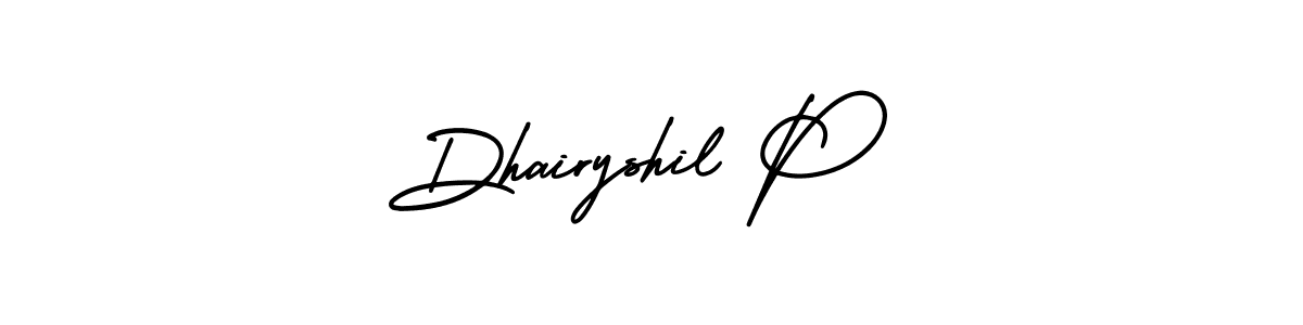 You should practise on your own different ways (AmerikaSignatureDemo-Regular) to write your name (Dhairyshil P) in signature. don't let someone else do it for you. Dhairyshil P signature style 3 images and pictures png