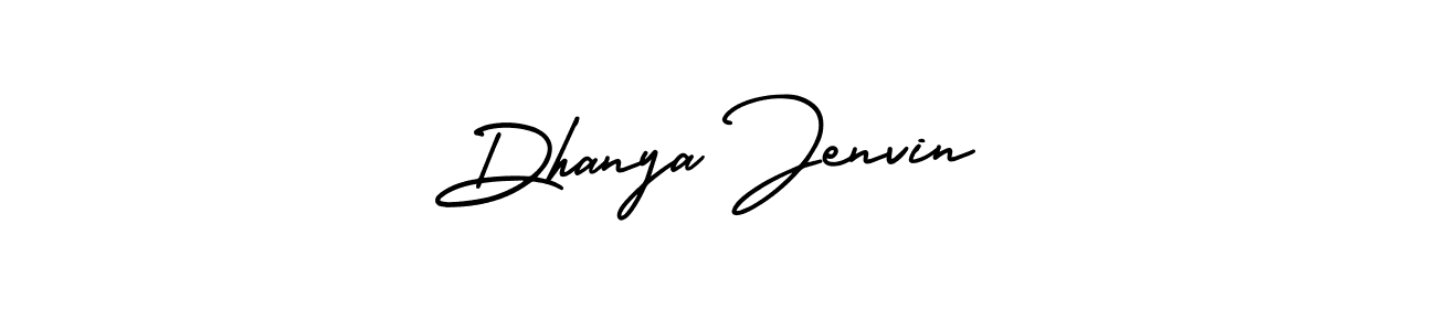 You should practise on your own different ways (AmerikaSignatureDemo-Regular) to write your name (Dhanya Jenvin) in signature. don't let someone else do it for you. Dhanya Jenvin signature style 3 images and pictures png