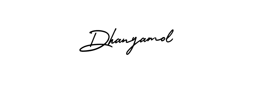 You should practise on your own different ways (AmerikaSignatureDemo-Regular) to write your name (Dhanyamol) in signature. don't let someone else do it for you. Dhanyamol signature style 3 images and pictures png