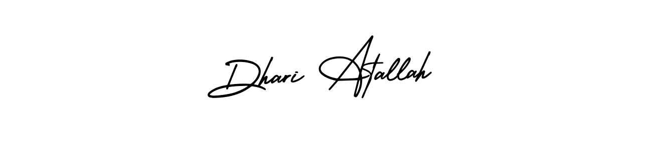 The best way (AmerikaSignatureDemo-Regular) to make a short signature is to pick only two or three words in your name. The name Dhari Atallah include a total of six letters. For converting this name. Dhari Atallah signature style 3 images and pictures png