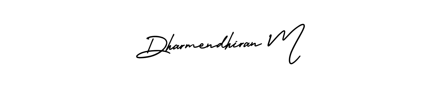 You should practise on your own different ways (AmerikaSignatureDemo-Regular) to write your name (Dharmendhiran M) in signature. don't let someone else do it for you. Dharmendhiran M signature style 3 images and pictures png