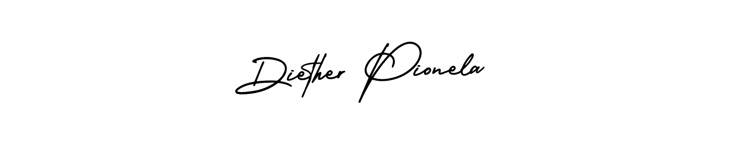 The best way (AmerikaSignatureDemo-Regular) to make a short signature is to pick only two or three words in your name. The name Diether Pionela include a total of six letters. For converting this name. Diether Pionela signature style 3 images and pictures png