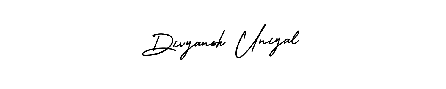 This is the best signature style for the Divyansh Uniyal name. Also you like these signature font (AmerikaSignatureDemo-Regular). Mix name signature. Divyansh Uniyal signature style 3 images and pictures png