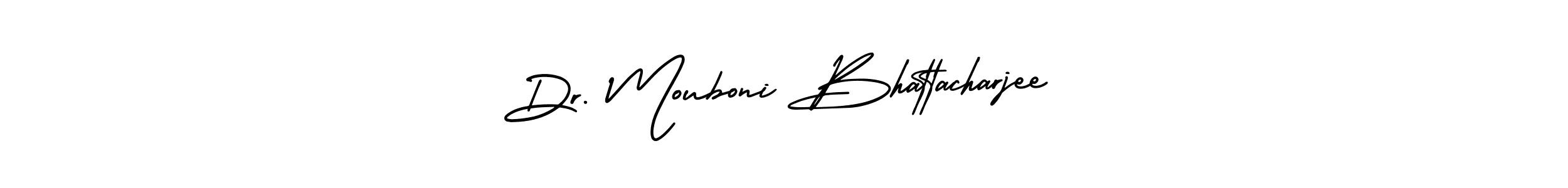 This is the best signature style for the Dr. Mouboni Bhattacharjee name. Also you like these signature font (AmerikaSignatureDemo-Regular). Mix name signature. Dr. Mouboni Bhattacharjee signature style 3 images and pictures png