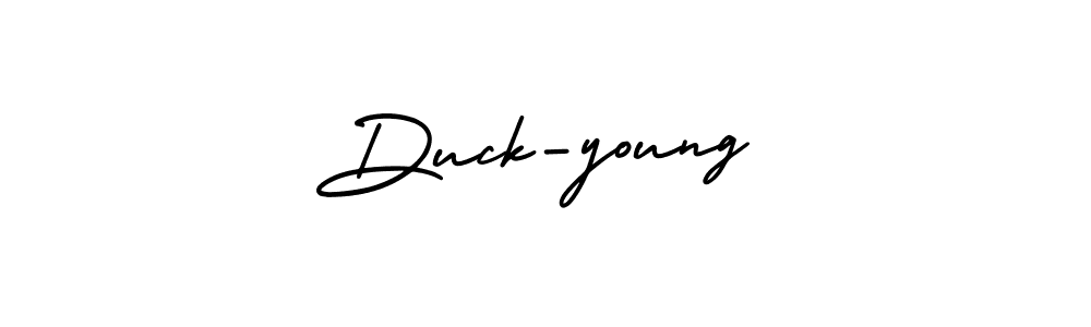The best way (AmerikaSignatureDemo-Regular) to make a short signature is to pick only two or three words in your name. The name Duck-young include a total of six letters. For converting this name. Duck-young signature style 3 images and pictures png