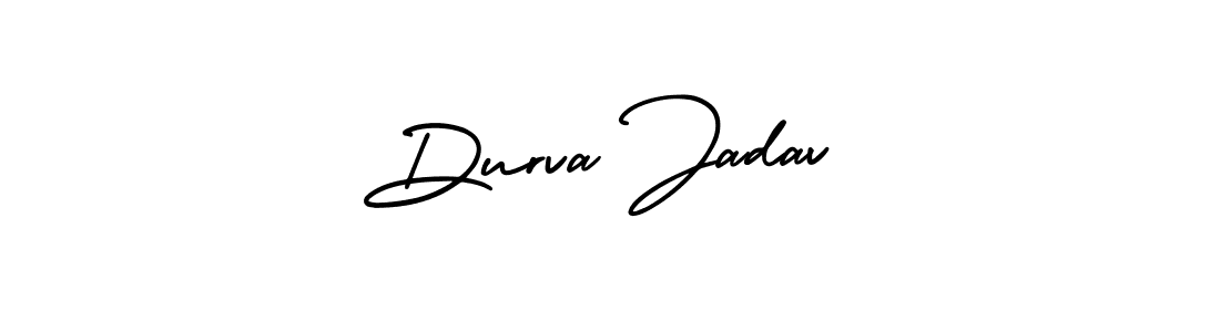 You should practise on your own different ways (AmerikaSignatureDemo-Regular) to write your name (Durva Jadav) in signature. don't let someone else do it for you. Durva Jadav signature style 3 images and pictures png