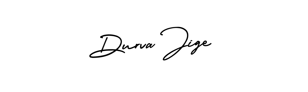 You should practise on your own different ways (AmerikaSignatureDemo-Regular) to write your name (Durva Jige) in signature. don't let someone else do it for you. Durva Jige signature style 3 images and pictures png