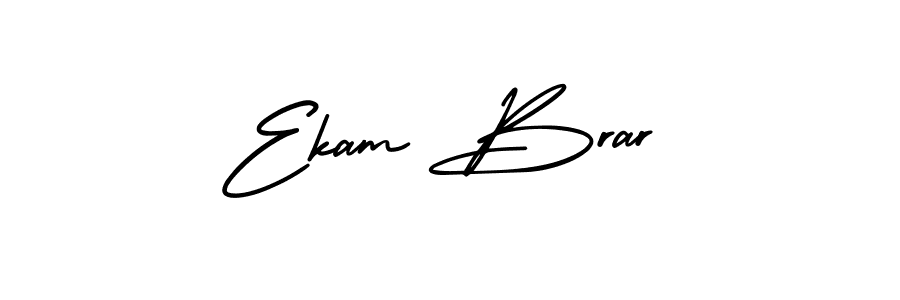 You should practise on your own different ways (AmerikaSignatureDemo-Regular) to write your name (Ekam Brar) in signature. don't let someone else do it for you. Ekam Brar signature style 3 images and pictures png