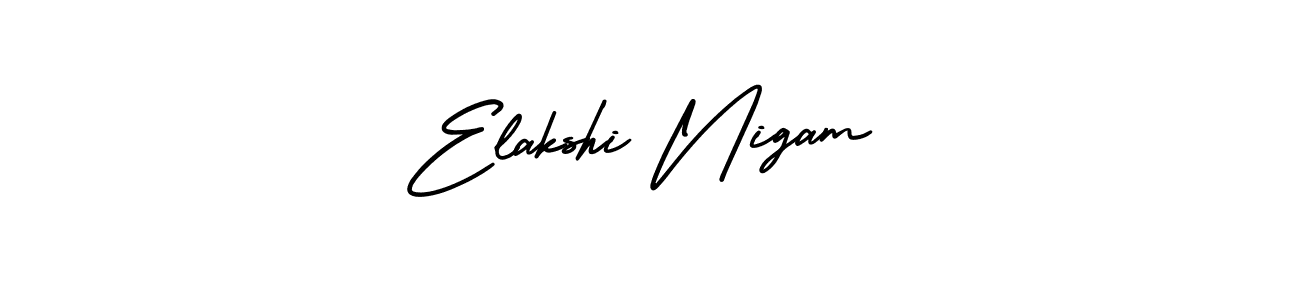 The best way (AmerikaSignatureDemo-Regular) to make a short signature is to pick only two or three words in your name. The name Elakshi Nigam include a total of six letters. For converting this name. Elakshi Nigam signature style 3 images and pictures png