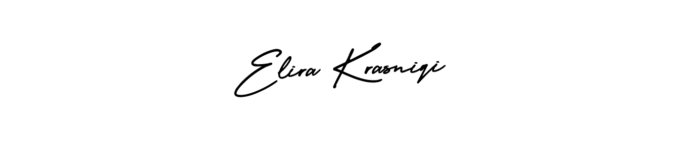 You should practise on your own different ways (AmerikaSignatureDemo-Regular) to write your name (Elira Krasniqi) in signature. don't let someone else do it for you. Elira Krasniqi signature style 3 images and pictures png