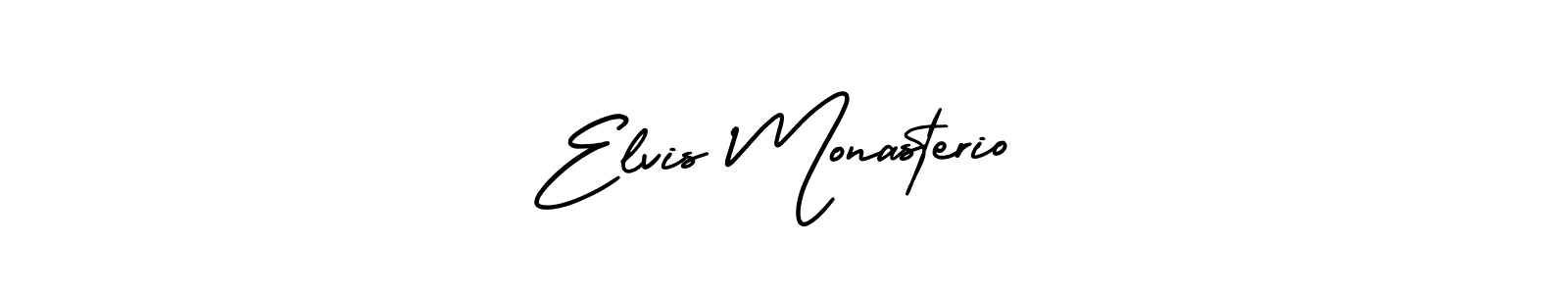 You should practise on your own different ways (AmerikaSignatureDemo-Regular) to write your name (Elvis Monasterio) in signature. don't let someone else do it for you. Elvis Monasterio signature style 3 images and pictures png