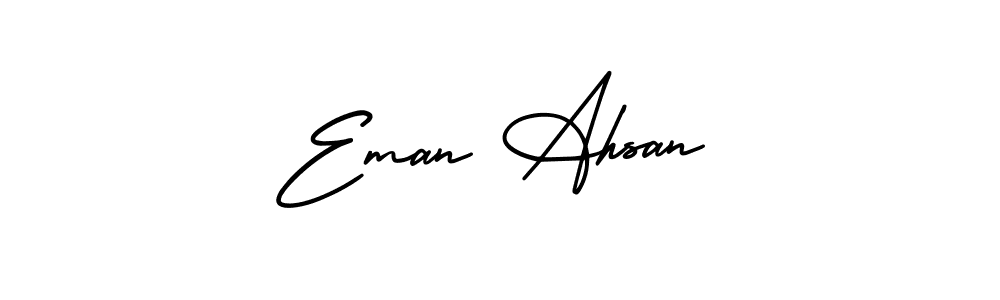 You should practise on your own different ways (AmerikaSignatureDemo-Regular) to write your name (Eman Ahsan) in signature. don't let someone else do it for you. Eman Ahsan signature style 3 images and pictures png