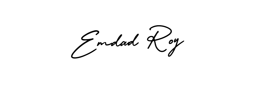 You should practise on your own different ways (AmerikaSignatureDemo-Regular) to write your name (Emdad Roy) in signature. don't let someone else do it for you. Emdad Roy signature style 3 images and pictures png