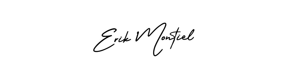 You should practise on your own different ways (AmerikaSignatureDemo-Regular) to write your name (Erik Montiel) in signature. don't let someone else do it for you. Erik Montiel signature style 3 images and pictures png