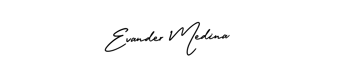 The best way (AmerikaSignatureDemo-Regular) to make a short signature is to pick only two or three words in your name. The name Evander Medina include a total of six letters. For converting this name. Evander Medina signature style 3 images and pictures png