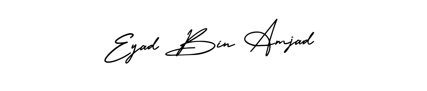 You should practise on your own different ways (AmerikaSignatureDemo-Regular) to write your name (Eyad Bin Amjad) in signature. don't let someone else do it for you. Eyad Bin Amjad signature style 3 images and pictures png