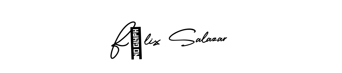 You should practise on your own different ways (AmerikaSignatureDemo-Regular) to write your name (Félix Salazar) in signature. don't let someone else do it for you. Félix Salazar signature style 3 images and pictures png