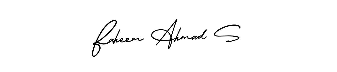 You should practise on your own different ways (AmerikaSignatureDemo-Regular) to write your name (Faheem Ahmad S) in signature. don't let someone else do it for you. Faheem Ahmad S signature style 3 images and pictures png