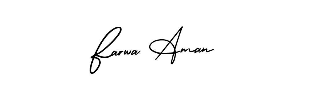 You should practise on your own different ways (AmerikaSignatureDemo-Regular) to write your name (Farwa Aman) in signature. don't let someone else do it for you. Farwa Aman signature style 3 images and pictures png