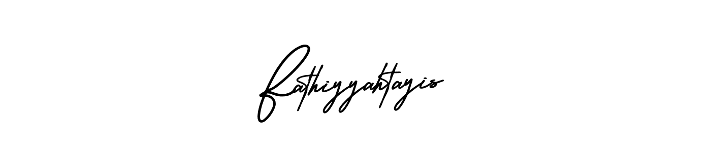 You should practise on your own different ways (AmerikaSignatureDemo-Regular) to write your name (Fathiyyahtayis) in signature. don't let someone else do it for you. Fathiyyahtayis signature style 3 images and pictures png