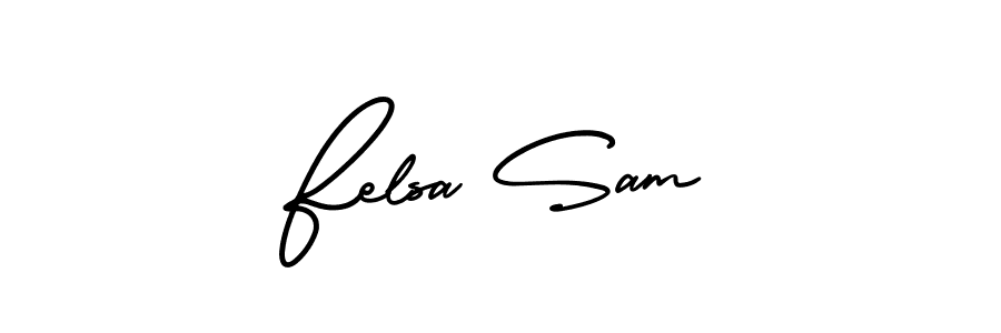 You should practise on your own different ways (AmerikaSignatureDemo-Regular) to write your name (Felsa Sam) in signature. don't let someone else do it for you. Felsa Sam signature style 3 images and pictures png