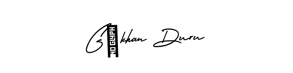 You should practise on your own different ways (AmerikaSignatureDemo-Regular) to write your name (Gökhan Duru) in signature. don't let someone else do it for you. Gökhan Duru signature style 3 images and pictures png