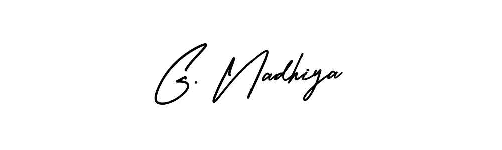 This is the best signature style for the G. Nadhiya name. Also you like these signature font (AmerikaSignatureDemo-Regular). Mix name signature. G. Nadhiya signature style 3 images and pictures png