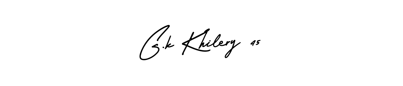 You should practise on your own different ways (AmerikaSignatureDemo-Regular) to write your name (G.k Khilery 45) in signature. don't let someone else do it for you. G.k Khilery 45 signature style 3 images and pictures png