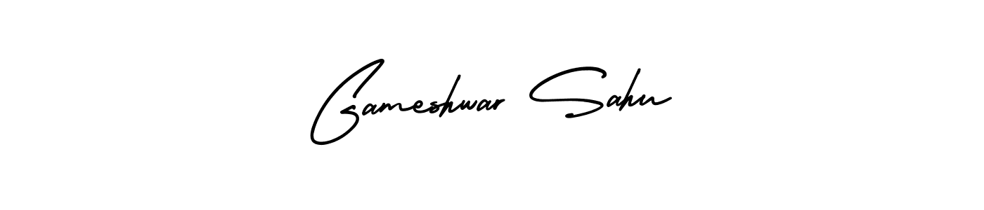 The best way (AmerikaSignatureDemo-Regular) to make a short signature is to pick only two or three words in your name. The name Gameshwar Sahu include a total of six letters. For converting this name. Gameshwar Sahu signature style 3 images and pictures png