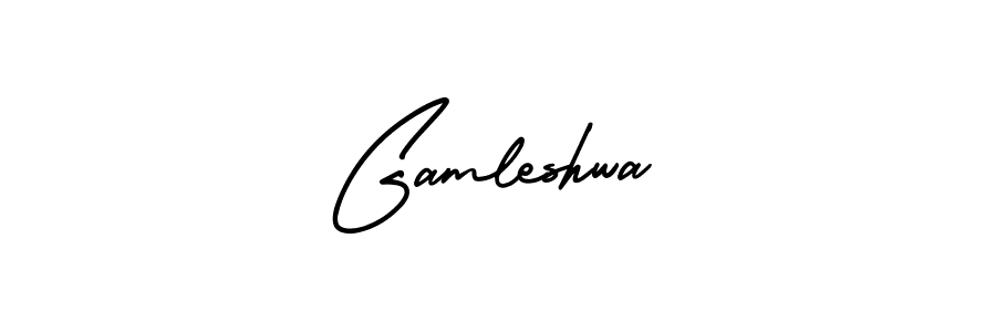 The best way (AmerikaSignatureDemo-Regular) to make a short signature is to pick only two or three words in your name. The name Gamleshwa include a total of six letters. For converting this name. Gamleshwa signature style 3 images and pictures png