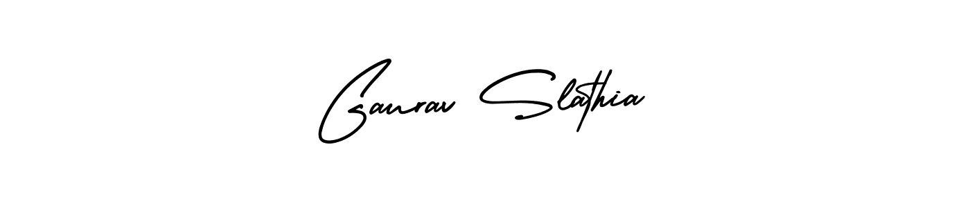 The best way (AmerikaSignatureDemo-Regular) to make a short signature is to pick only two or three words in your name. The name Gaurav Slathia include a total of six letters. For converting this name. Gaurav Slathia signature style 3 images and pictures png