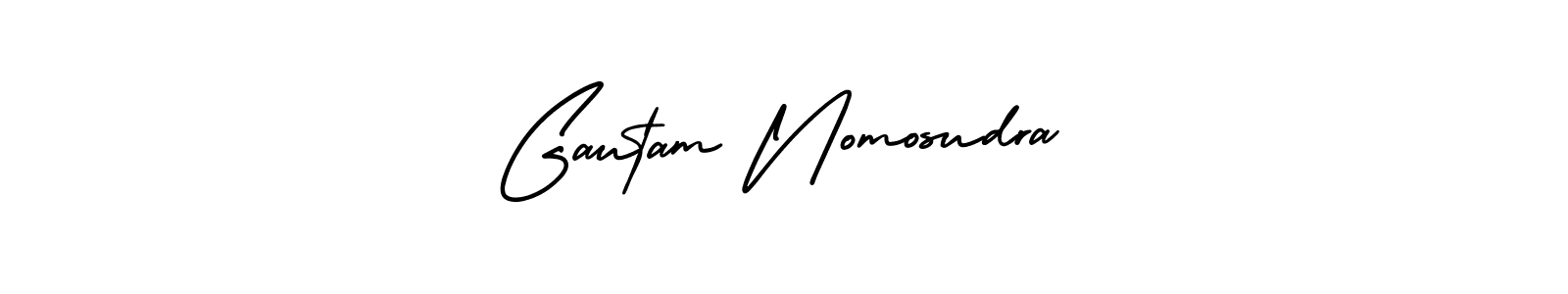 You should practise on your own different ways (AmerikaSignatureDemo-Regular) to write your name (Gautam Nomosudra) in signature. don't let someone else do it for you. Gautam Nomosudra signature style 3 images and pictures png