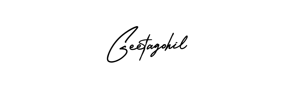 You should practise on your own different ways (AmerikaSignatureDemo-Regular) to write your name (Geetagohil) in signature. don't let someone else do it for you. Geetagohil signature style 3 images and pictures png