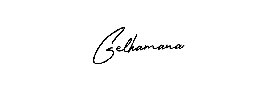 You should practise on your own different ways (AmerikaSignatureDemo-Regular) to write your name (Gelhamana) in signature. don't let someone else do it for you. Gelhamana signature style 3 images and pictures png