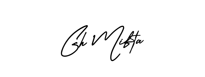 The best way (AmerikaSignatureDemo-Regular) to make a short signature is to pick only two or three words in your name. The name Gh Mifta include a total of six letters. For converting this name. Gh Mifta signature style 3 images and pictures png