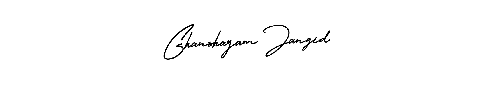 You should practise on your own different ways (AmerikaSignatureDemo-Regular) to write your name (Ghanshayam Jangid) in signature. don't let someone else do it for you. Ghanshayam Jangid signature style 3 images and pictures png