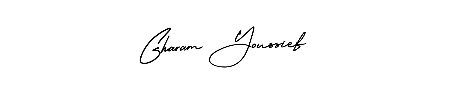 You should practise on your own different ways (AmerikaSignatureDemo-Regular) to write your name (Gharam Youssief) in signature. don't let someone else do it for you. Gharam Youssief signature style 3 images and pictures png