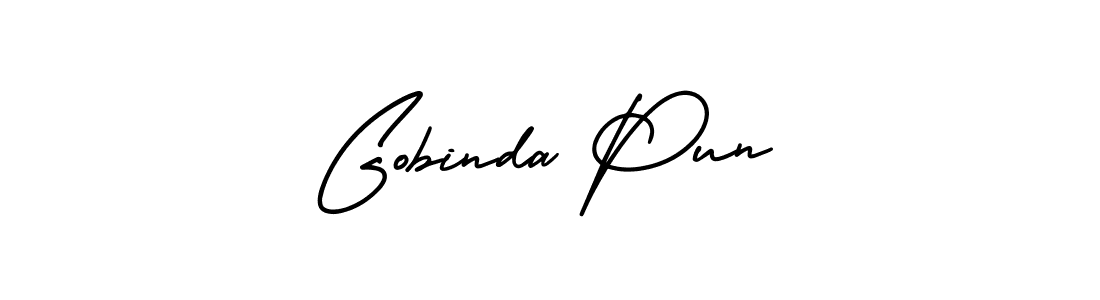 You should practise on your own different ways (AmerikaSignatureDemo-Regular) to write your name (Gobinda Pun) in signature. don't let someone else do it for you. Gobinda Pun signature style 3 images and pictures png