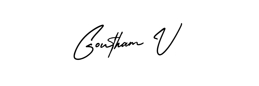 You should practise on your own different ways (AmerikaSignatureDemo-Regular) to write your name (Goutham V) in signature. don't let someone else do it for you. Goutham V signature style 3 images and pictures png