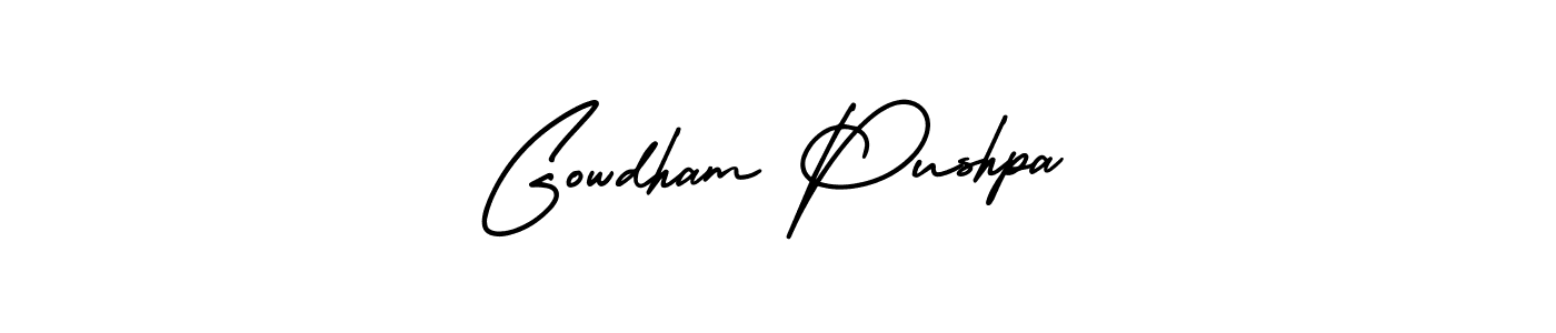 The best way (AmerikaSignatureDemo-Regular) to make a short signature is to pick only two or three words in your name. The name Gowdham Pushpa include a total of six letters. For converting this name. Gowdham Pushpa signature style 3 images and pictures png