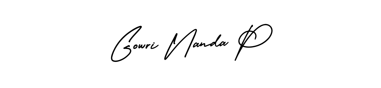 The best way (AmerikaSignatureDemo-Regular) to make a short signature is to pick only two or three words in your name. The name Gowri Nanda P include a total of six letters. For converting this name. Gowri Nanda P signature style 3 images and pictures png
