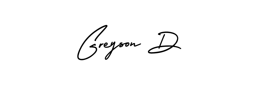 You should practise on your own different ways (AmerikaSignatureDemo-Regular) to write your name (Greyson D) in signature. don't let someone else do it for you. Greyson D signature style 3 images and pictures png