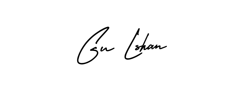 You should practise on your own different ways (AmerikaSignatureDemo-Regular) to write your name (Gu Lshan) in signature. don't let someone else do it for you. Gu Lshan signature style 3 images and pictures png