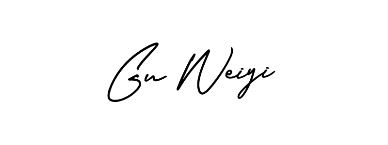 The best way (AmerikaSignatureDemo-Regular) to make a short signature is to pick only two or three words in your name. The name Gu Weiyi include a total of six letters. For converting this name. Gu Weiyi signature style 3 images and pictures png