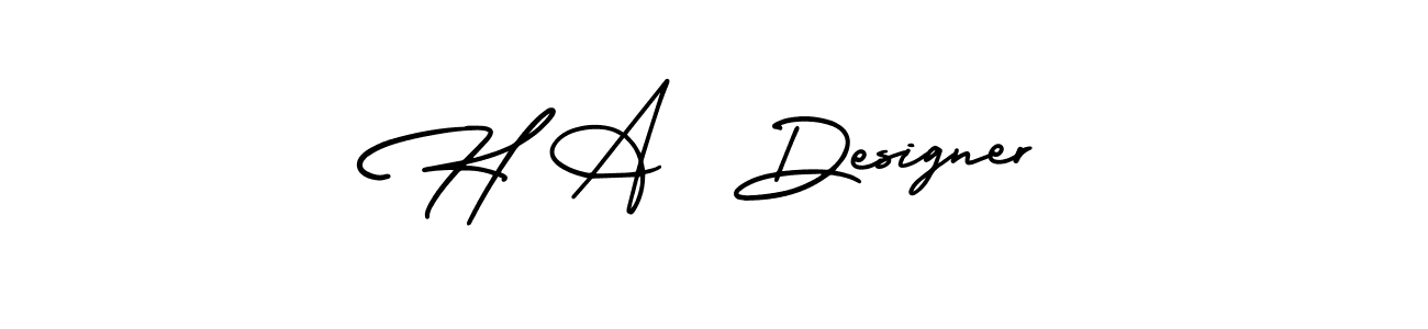 This is the best signature style for the H A  Designer name. Also you like these signature font (AmerikaSignatureDemo-Regular). Mix name signature. H A  Designer signature style 3 images and pictures png