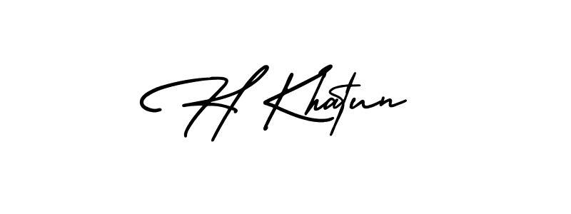 You should practise on your own different ways (AmerikaSignatureDemo-Regular) to write your name (H Khatun) in signature. don't let someone else do it for you. H Khatun signature style 3 images and pictures png