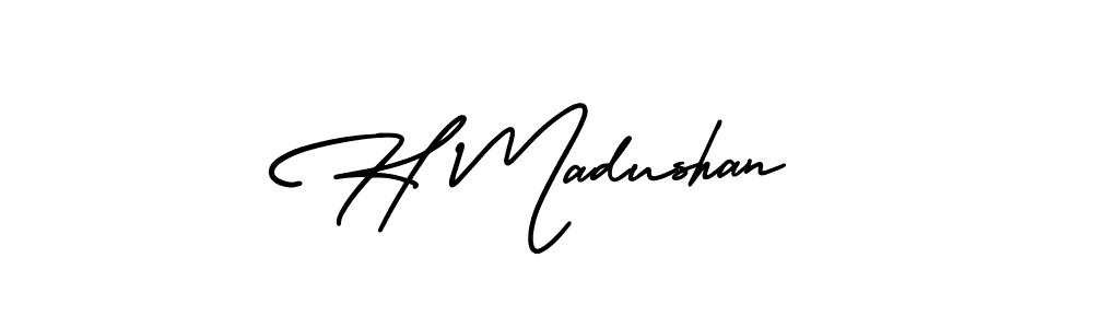 The best way (AmerikaSignatureDemo-Regular) to make a short signature is to pick only two or three words in your name. The name H Madushan include a total of six letters. For converting this name. H Madushan signature style 3 images and pictures png