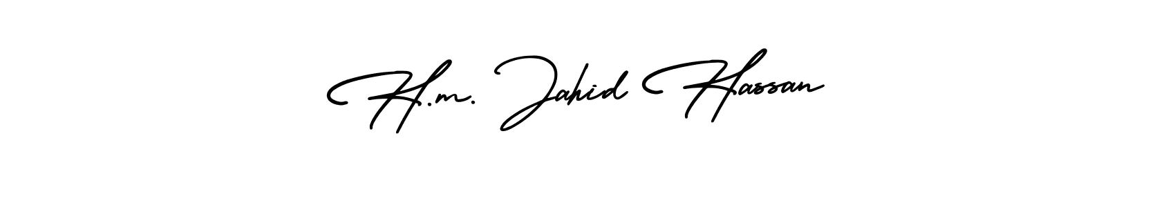 You should practise on your own different ways (AmerikaSignatureDemo-Regular) to write your name (H.m. Jahid Hassan) in signature. don't let someone else do it for you. H.m. Jahid Hassan signature style 3 images and pictures png